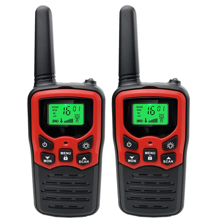 Two red and black walkie-talkies with digital displays on a white background