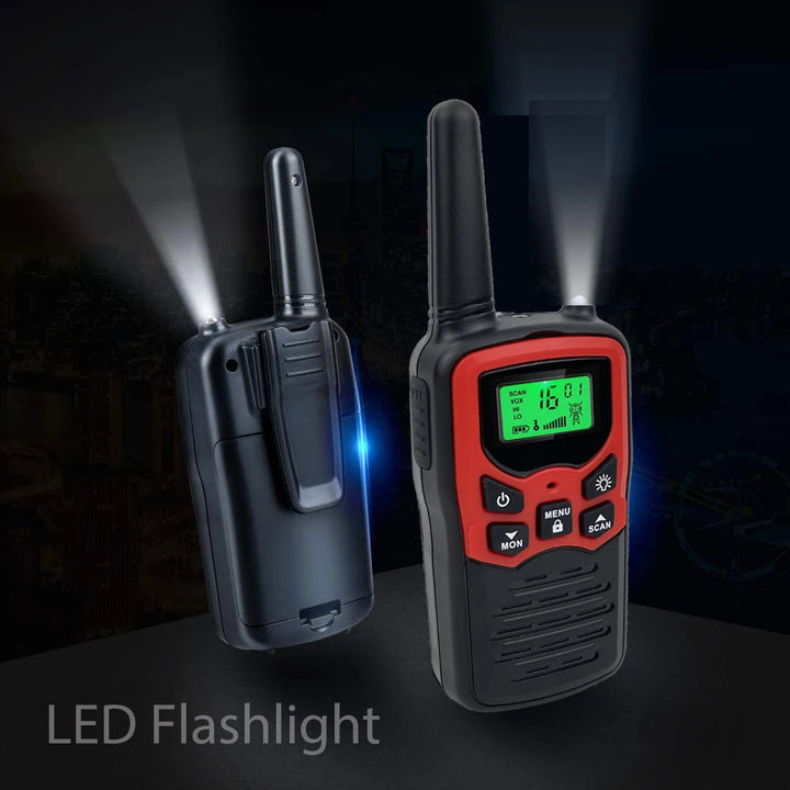 Two walkie-talkies with LED flashlights on a dark background