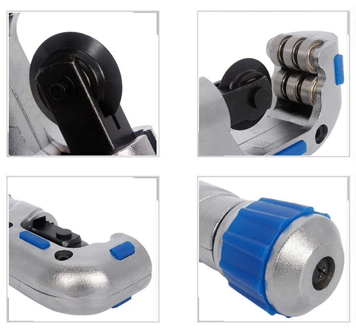 Close-up of a pipe cutting tool with metallic and blue components on a white background
