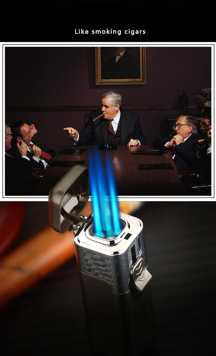Windproof Metal Torch for Cigar, Butane Lighters, Four Fire, Blue Flame Jet, Adjustable, Luxury, Briquet