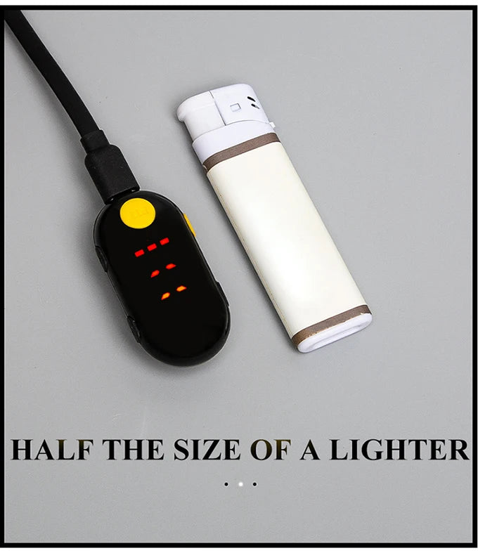 Small electronic device next to a lighter on a gray background with text 'HALF THE SIZE OF A LIGHTER'.