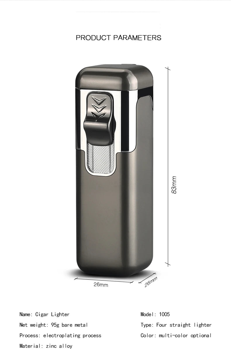 Windproof Metal Torch for Cigar, Butane Lighters, Four Fire, Blue Flame Jet, Adjustable, Luxury, Briquet