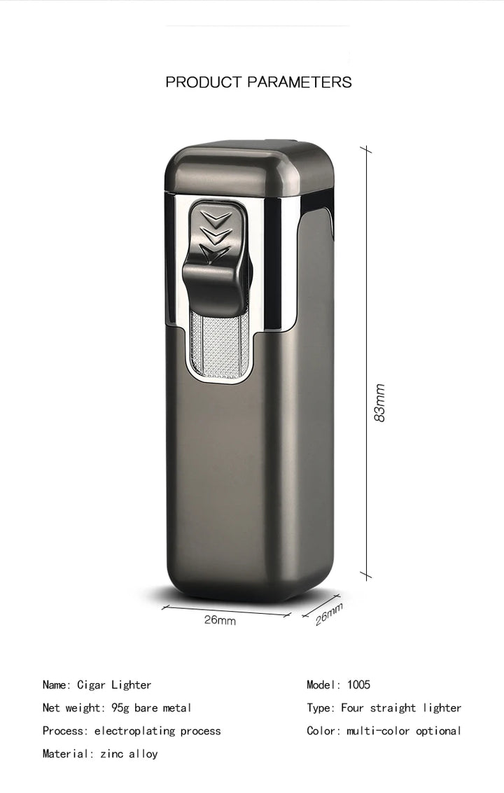 Windproof Metal Torch for Cigar, Butane Lighters, Four Fire, Blue Flame Jet, Adjustable, Luxury, Briquet