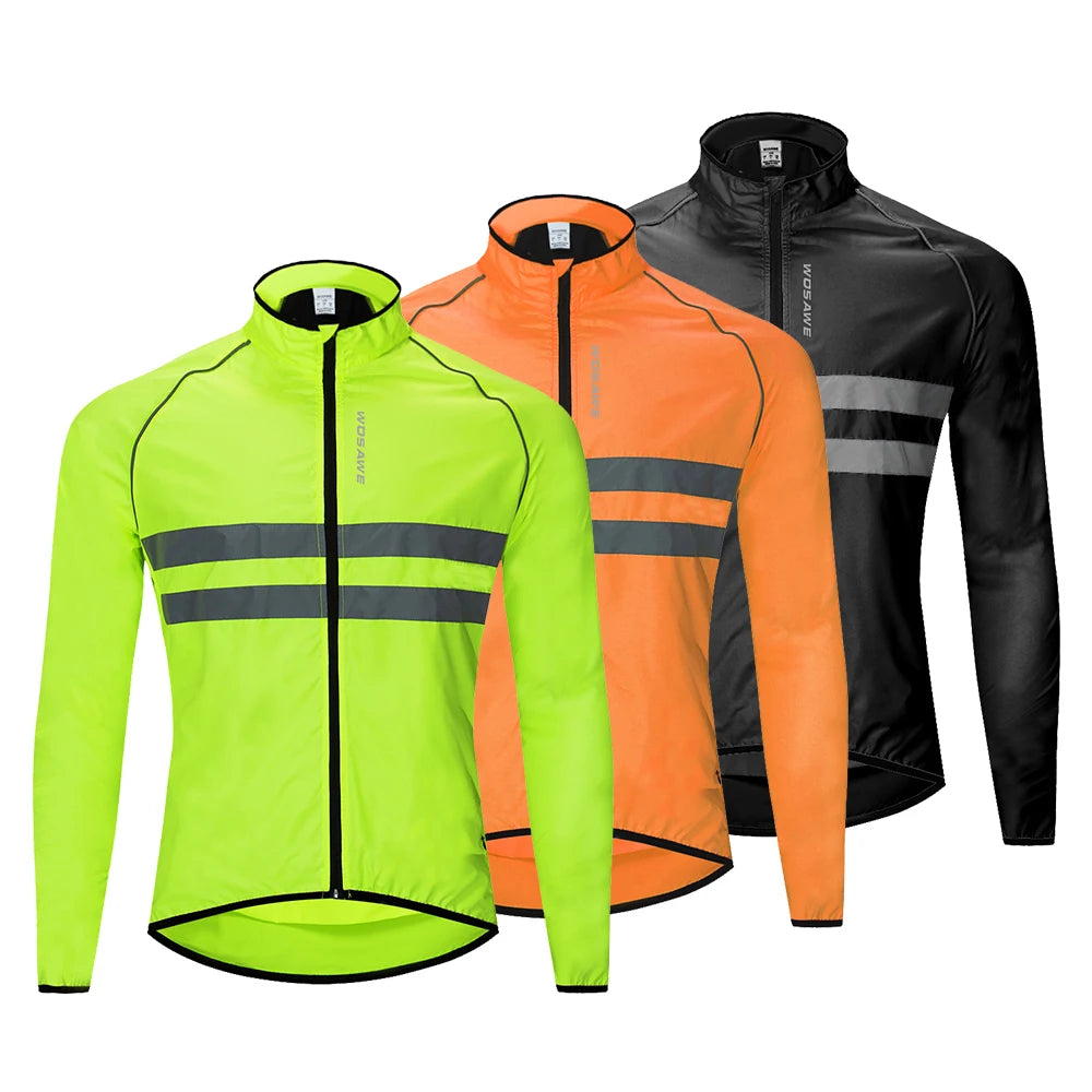 Three reflective cycling jackets in green, orange, and black on a white background