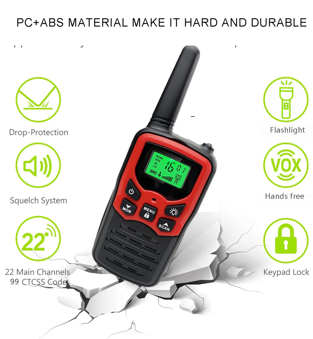 Red and black walkie-talkie with features listed on a white background