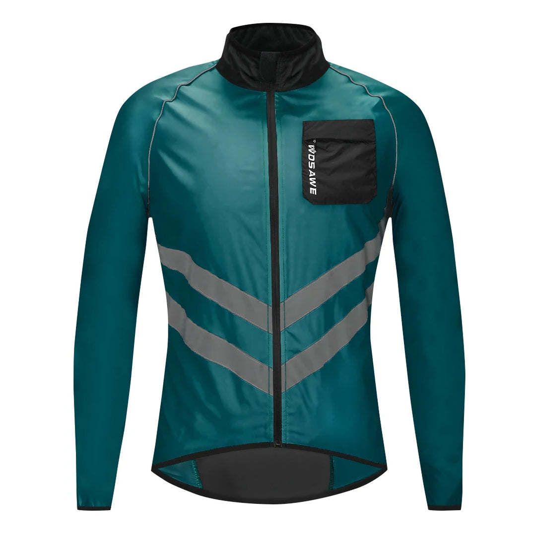 Teal cycling jacket with reflective stripes on a white background