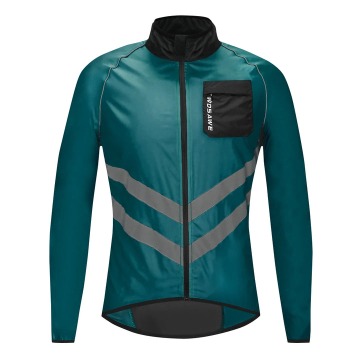 Teal cycling jacket with reflective stripes on a white background