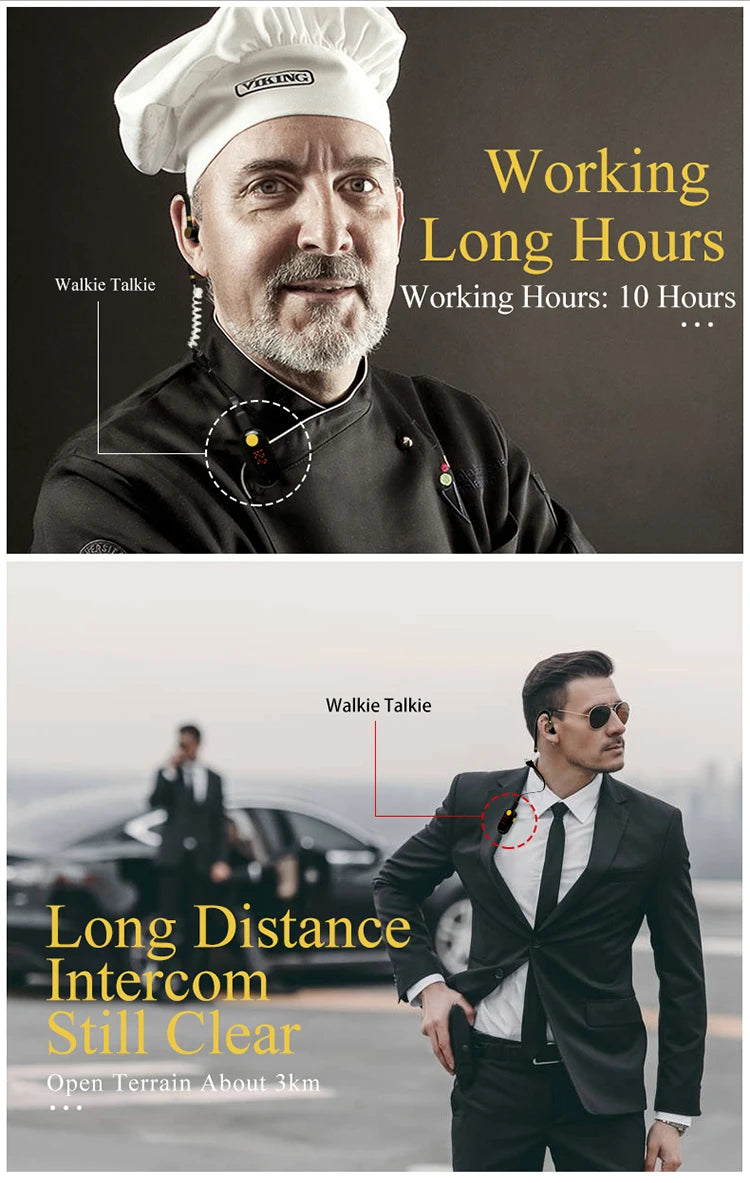 Two product advertisements featuring a chef and a businessman with text about working hours and communication devices.