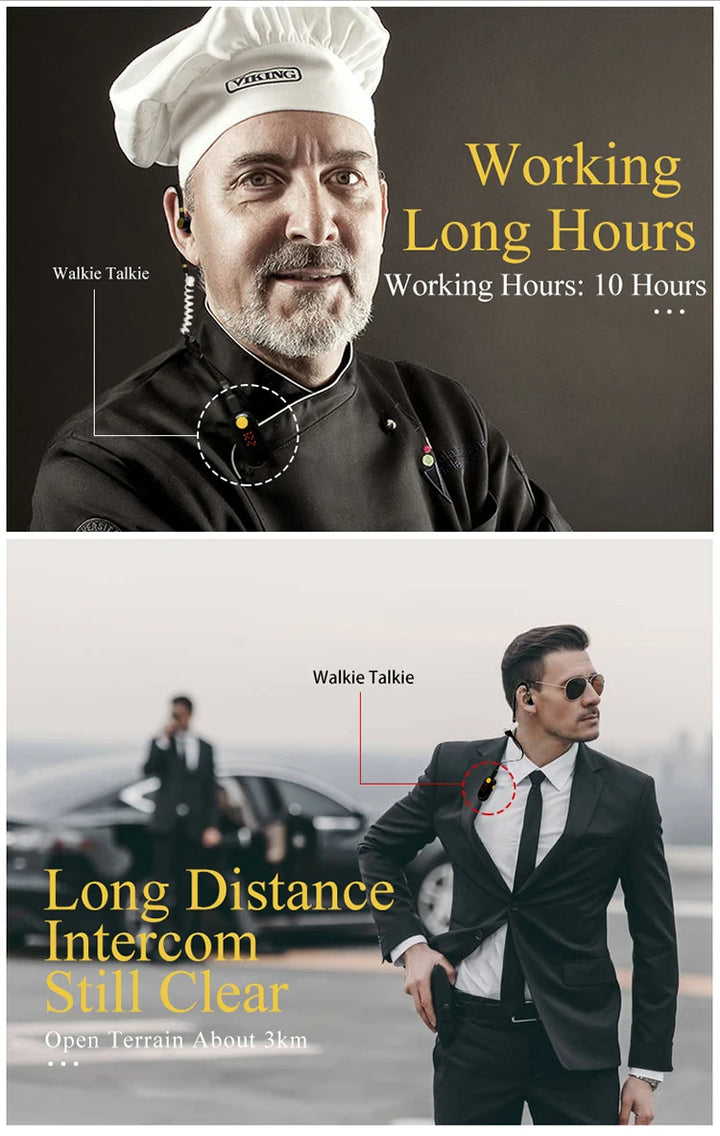 Two product advertisements featuring a chef and a businessman with text about working hours and communication devices.