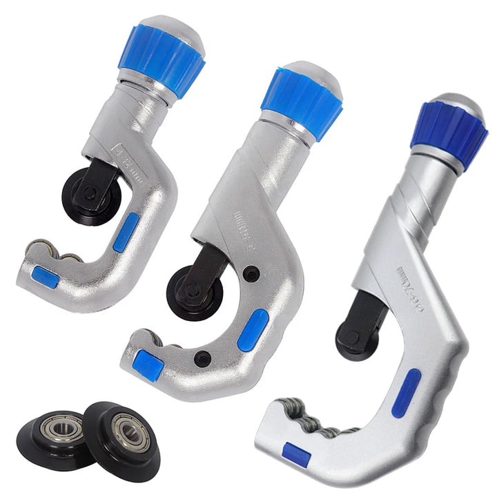Three pipe cutters with blue handles on a white background, along with 2 pipe cutting blades  at the bottom left