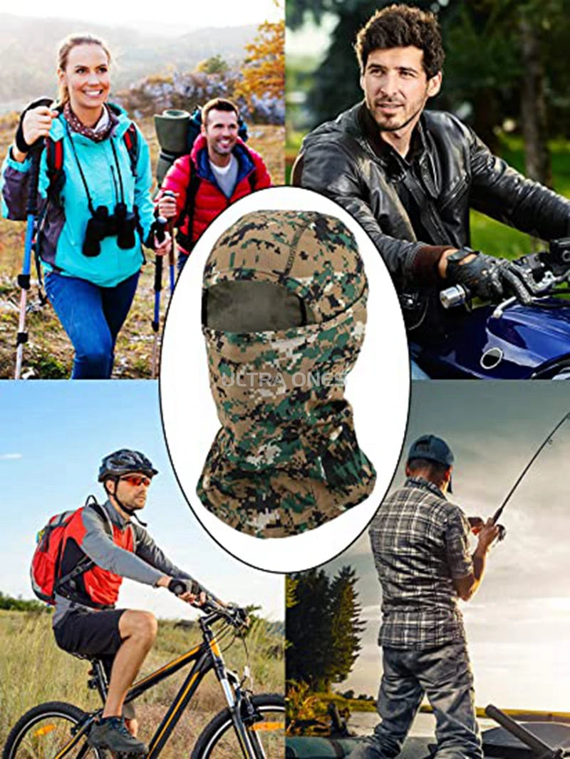 Camouflage balaclava with people in various outdoor activities on a collage background