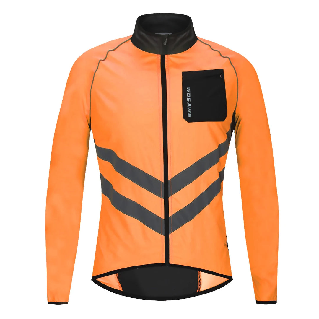 Orange cycling jacket with black accents on a white background