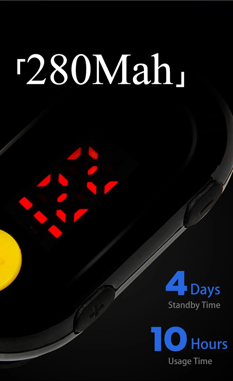 Phone with digital display showing battery information on a black background