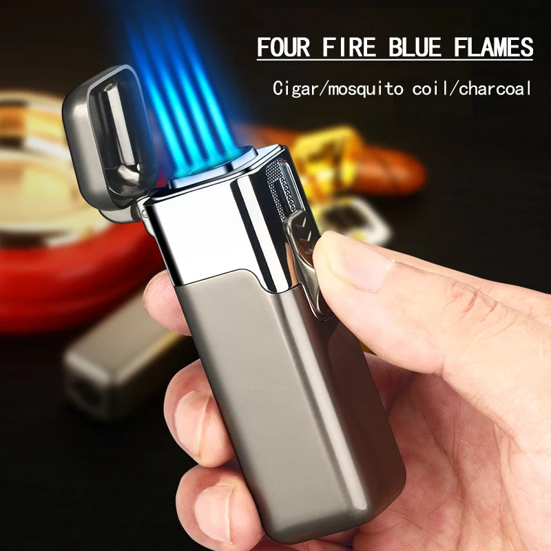 A hand holding a windproof metal torch with a blue flame, intended for lighting cigars or mosquito coils.
