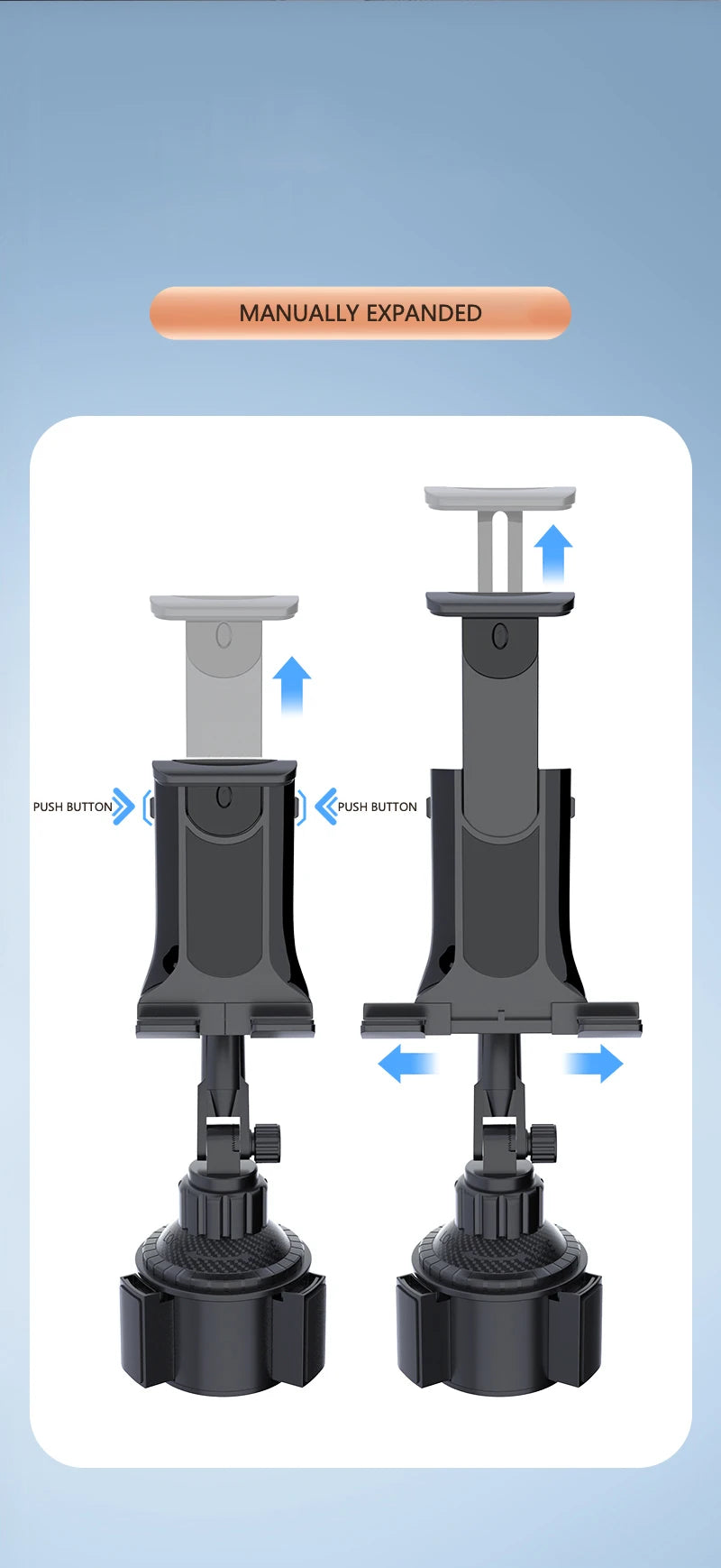 A side-by-side comparison showing the car mount’s expandable height and width adjustments.