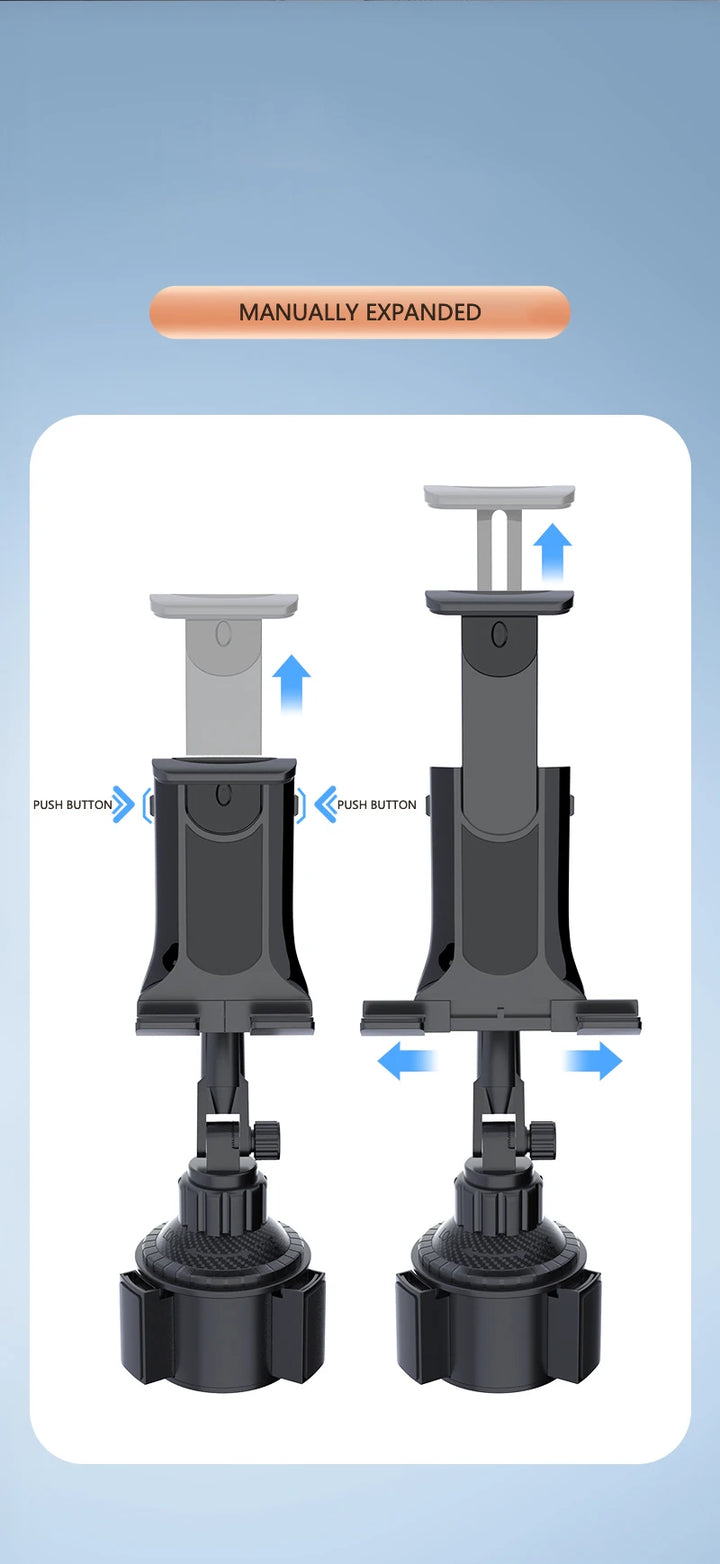 A side-by-side comparison showing the car mount’s expandable height and width adjustments.