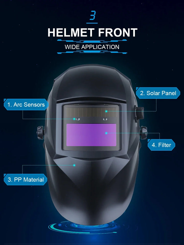 Close-up of the welding helmet’s front, showcasing its large viewing area and high-definition lens.