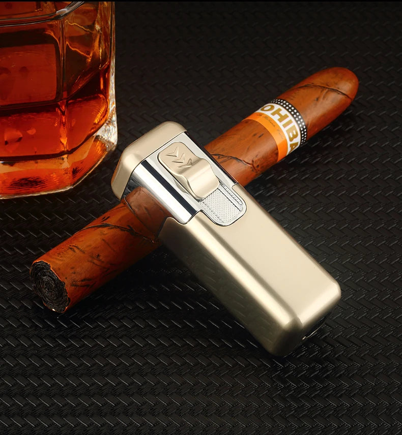 Windproof Metal Torch for Cigar, Butane Lighters, Four Fire, Blue Flame Jet, Adjustable, Luxury, Briquet