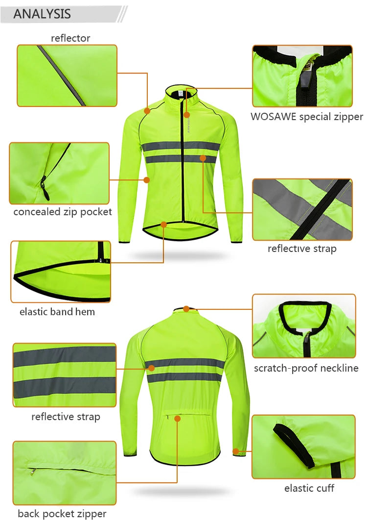 Green cycling jacket with various features highlighted, including reflectors and a special zipper.
