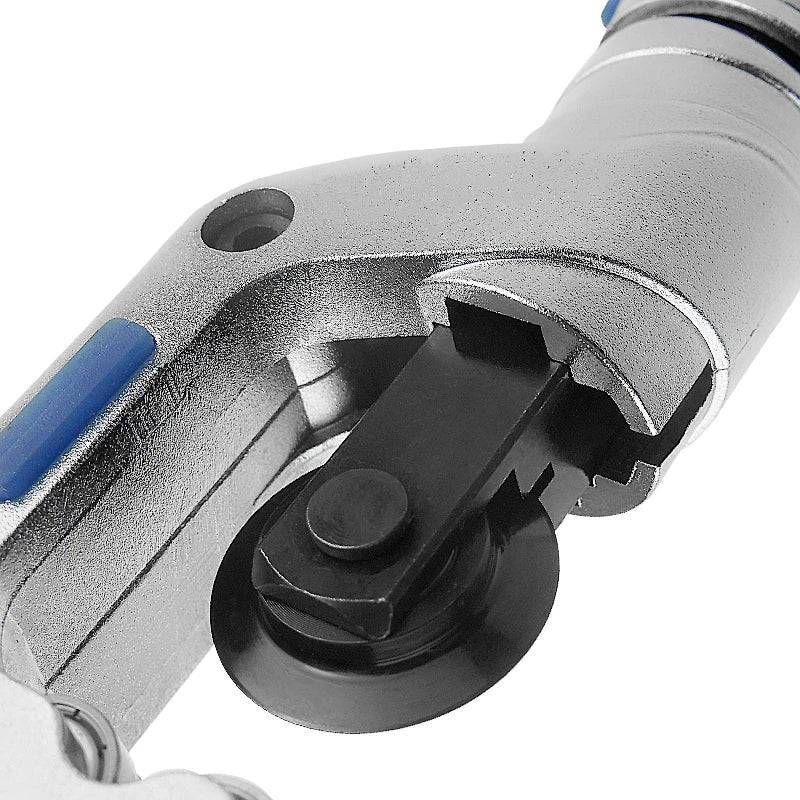 Close-up of the pipe cutter's mechanical components on a white background