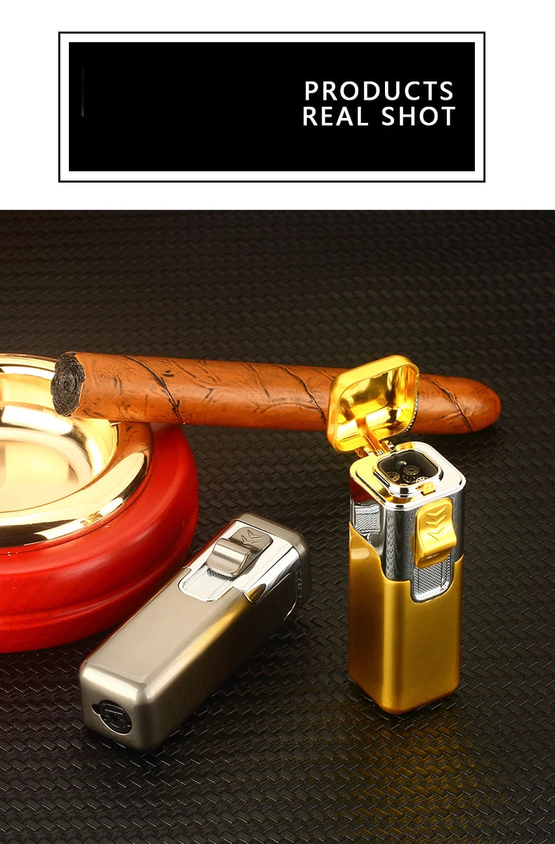 Windproof Metal Torch for Cigar, Butane Lighters, Four Fire, Blue Flame Jet, Adjustable, Luxury, Briquet