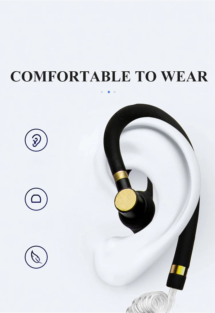 Black and gold earbud with text 'Comfortable to Wear' on a white background