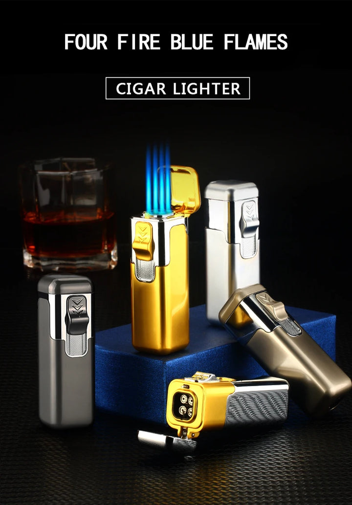 Windproof Metal Torch for Cigar, Butane Lighters, Four Fire, Blue Flame Jet, Adjustable, Luxury, Briquet