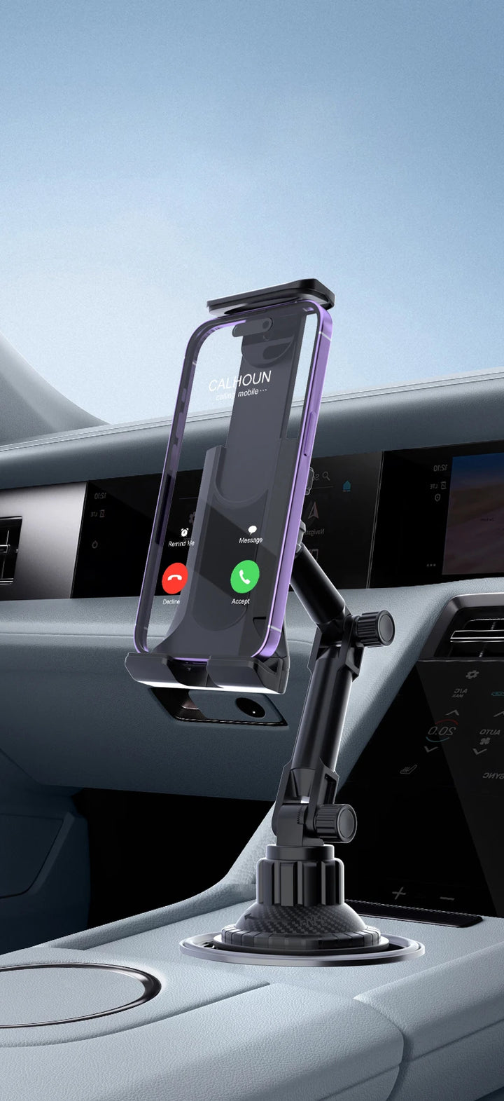 A close-up view of the car cup holder mount securing a smartphone in an ergonomic position.