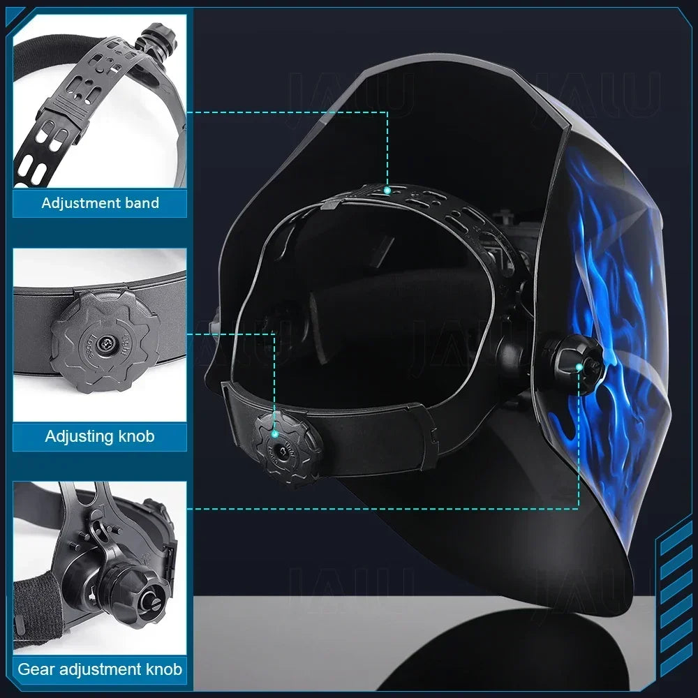 Interior view of the welding helmet, showing the adjustable headband and auto-darkening lens technology.