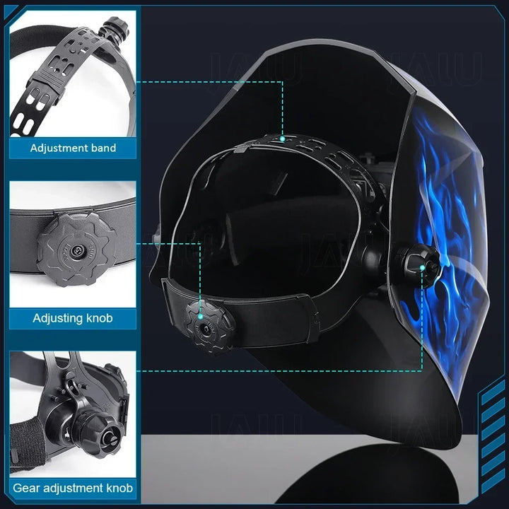 Interior view of the welding helmet, showing the adjustable headband and auto-darkening lens technology.