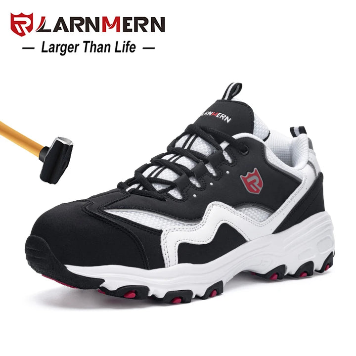 Black and white LARNMERN steel toe safety shoes with a hammer impact test.