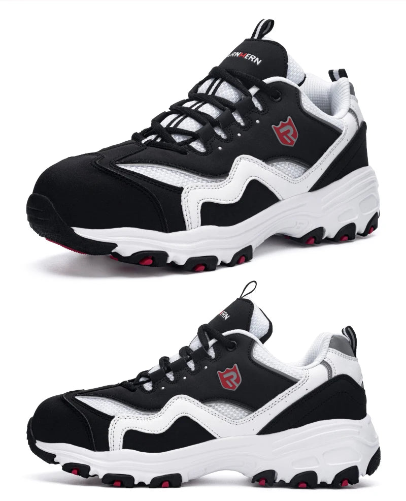 A pair of LARNMERN safety shoes displayed from multiple angles.