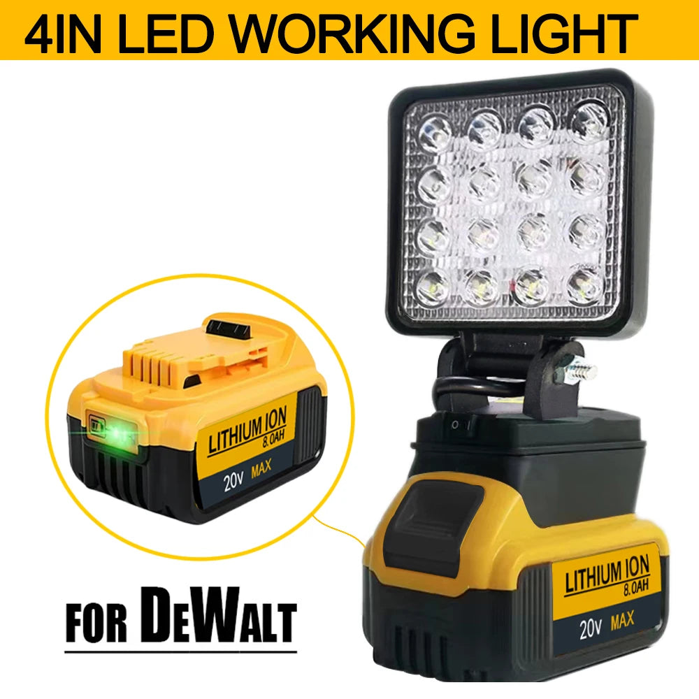  High-power LED work light attached to a Dewalt 18V battery, providing bright illumination.
