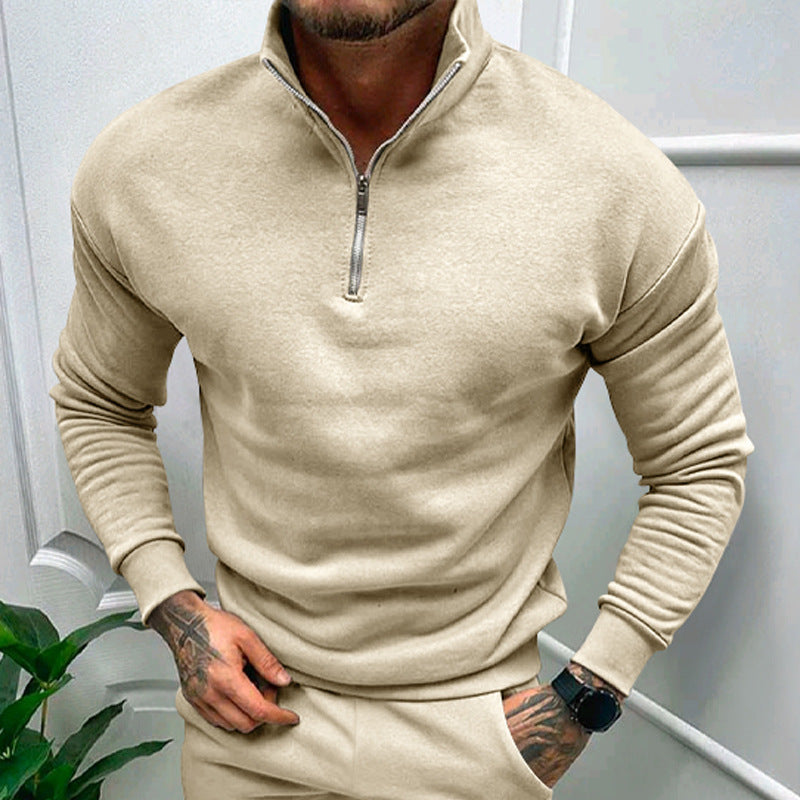 Stylish light khaki quarter-zip pullover, a perfect choice for neutral tones and effortless elegance.