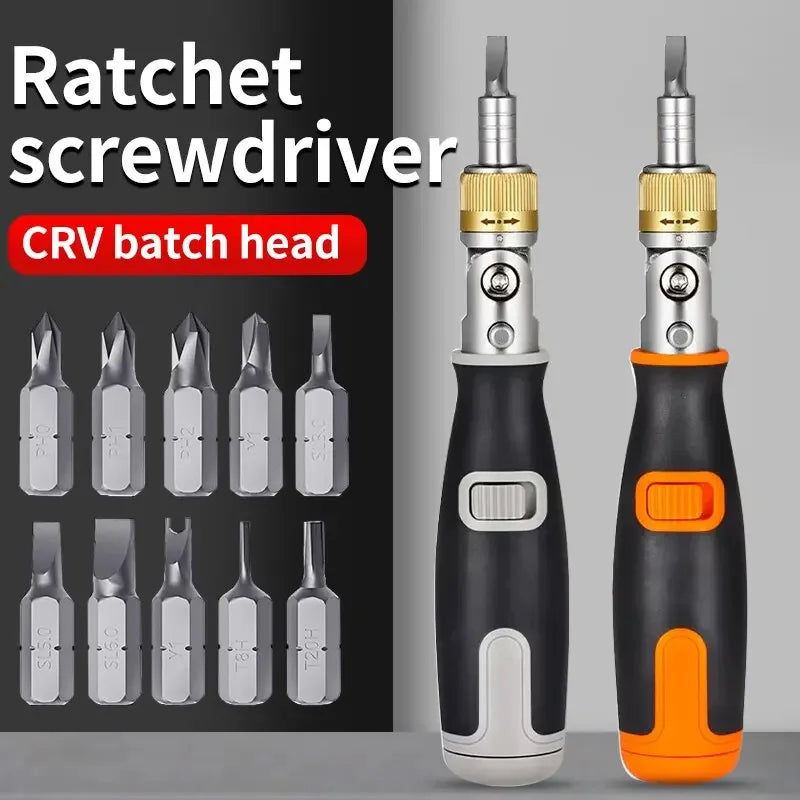 Close-up of the SmartGearPros multi-angle ratchet screwdriver set with multiple interchangeable bits displayed.