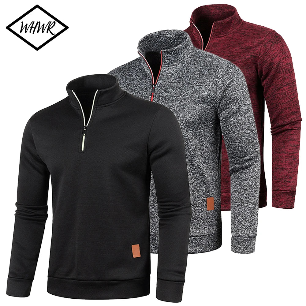 Three men's quarter-zip pullovers in black, gray, and red displayed with a brand logo.