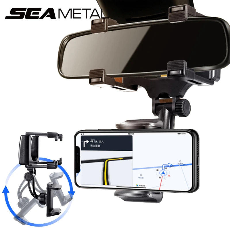  SEAMETAL rearview mirror phone holder installed in a car, holding a smartphone for navigation.