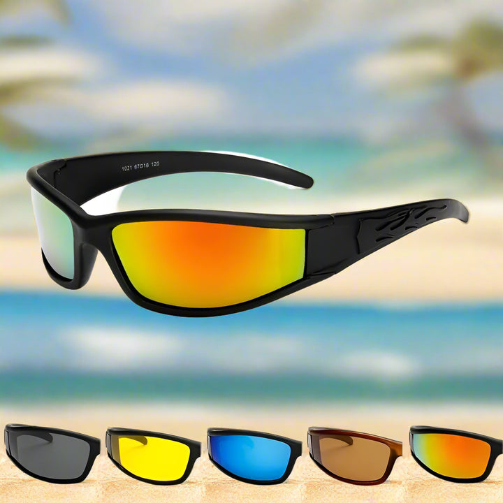 Polarized sunglasses with a black frame and vibrant red reflective lenses, showcased with additional color options