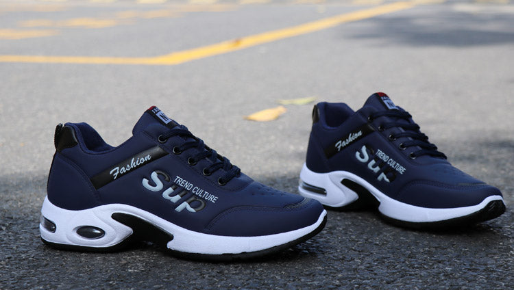 Classic navy blue men's running shoes with cushioned support for all-day wear.