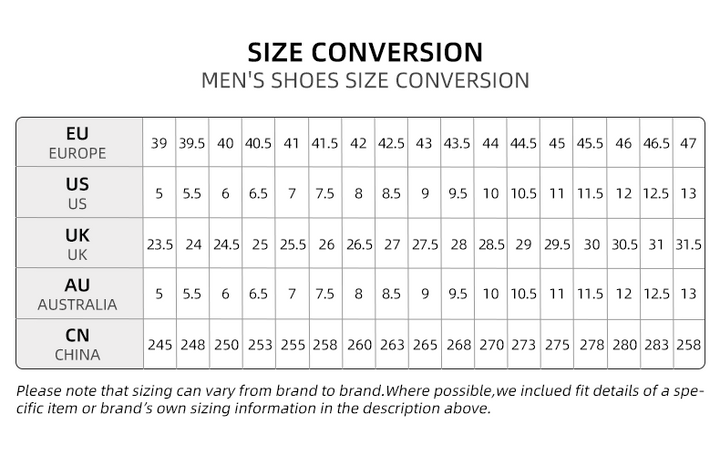 Men's running shoes size conversion chart for accurate fitting.