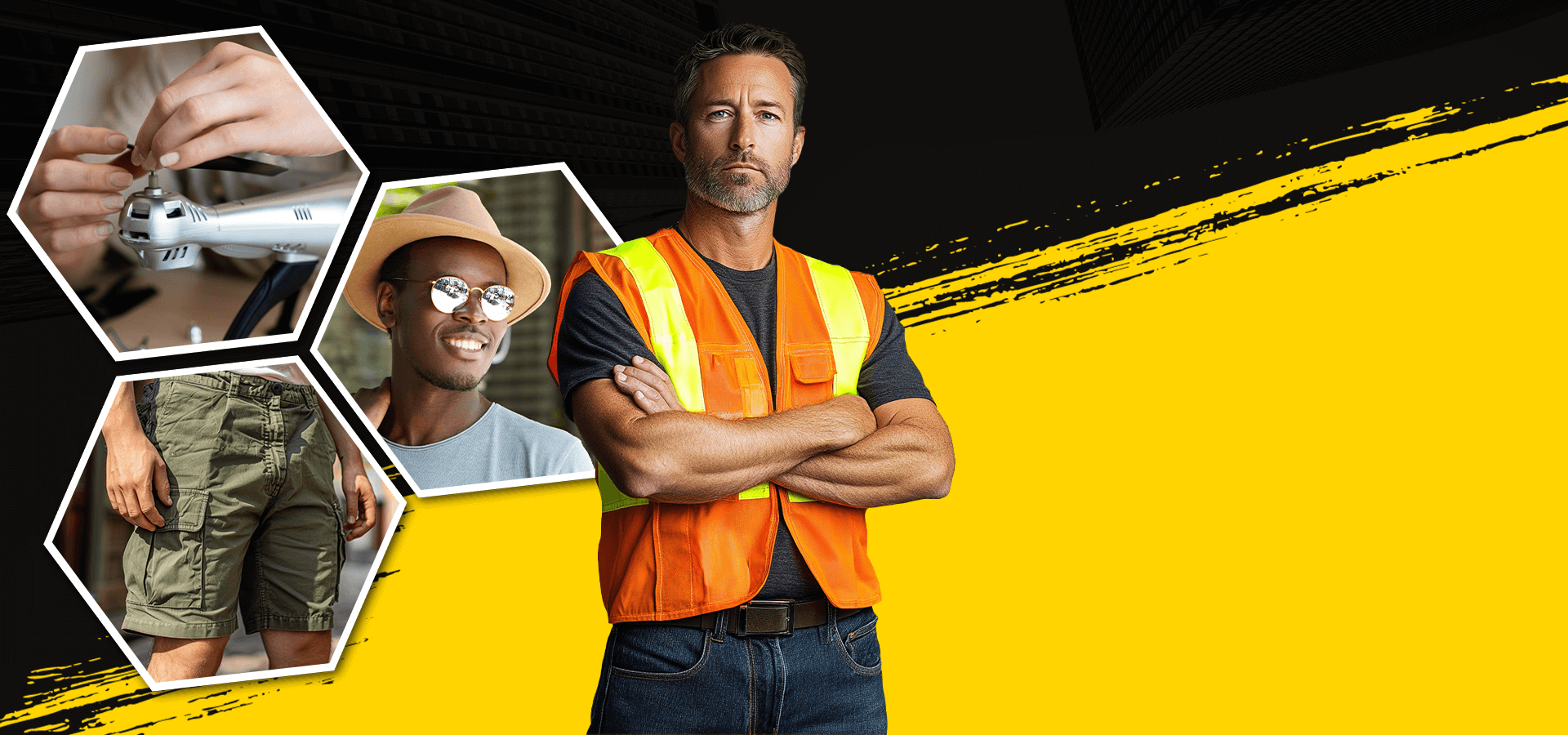 Man in safety vest with inset images on a yellow and black background