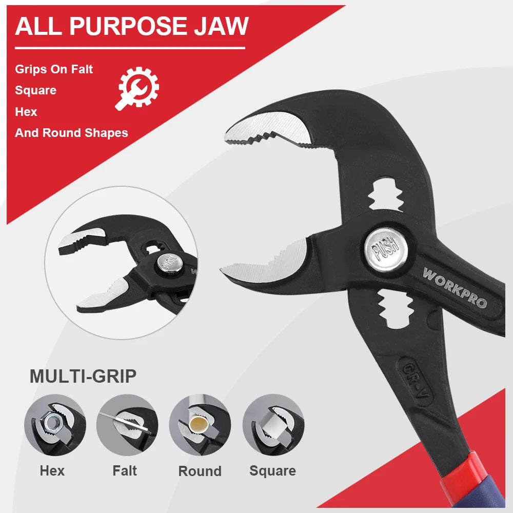  WORKPRO pliers grip various shapes, including round, hex, flat, and square surfaces.