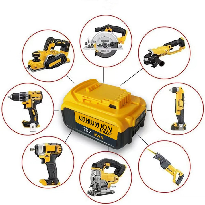 Dewalt-compatible battery being used with various tools, highlighting versatility.
