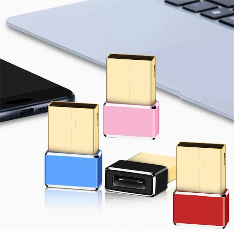 USB to Type C Adapter Available in Gold, Silver, Black, Blue, and Red.