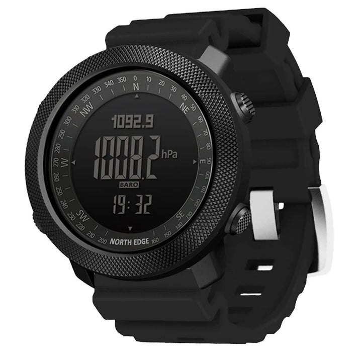 NORTH EDGE Apache outdoor sports watch in a sleek all-black design with a rugged military-style build.