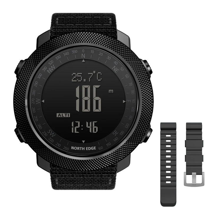 NORTH EDGE Apache outdoor sports watch in black, featuring an extra black band for customization.
