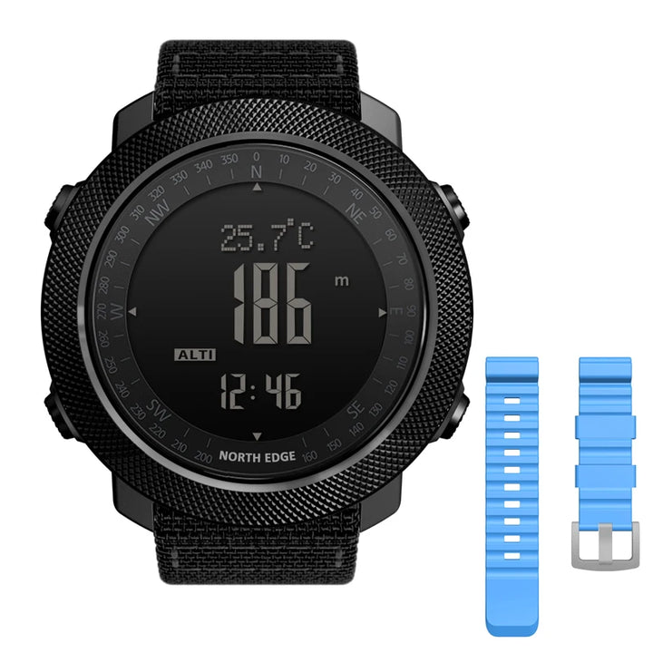 NORTH EDGE Apache outdoor sports watch in black, featuring a blue replacement band for customization.