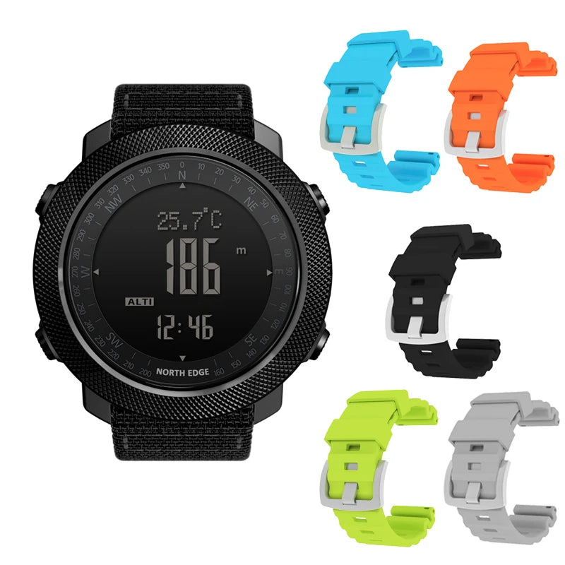NORTH EDGE Apache outdoor sports watch featuring a full set of interchangeable bands in multiple colors.