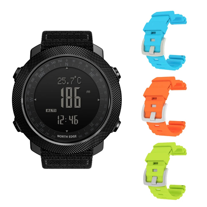 NORTH EDGE Apache outdoor sports watch with multiple band options, including orange, blue, green, and black.