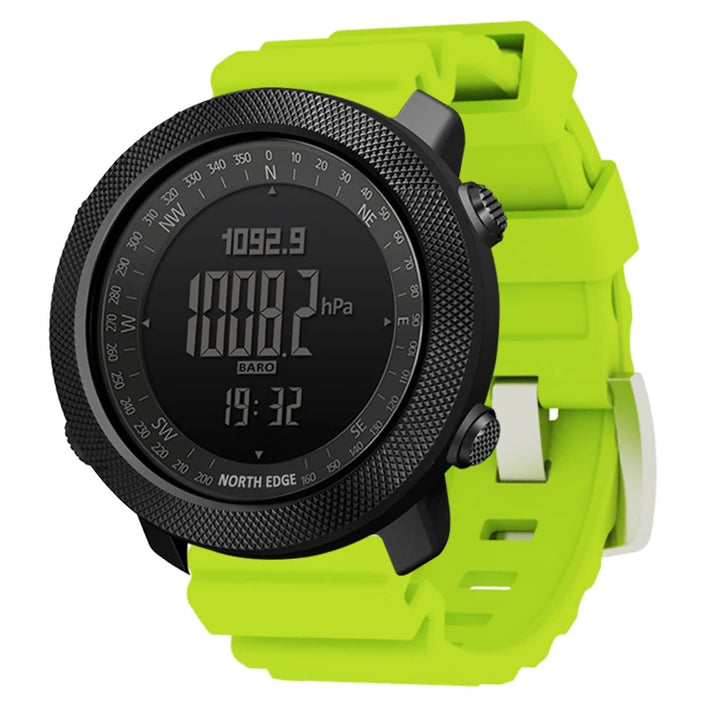 NORTH EDGE Apache outdoor sports watch in black, paired with a neon green band for high visibility.